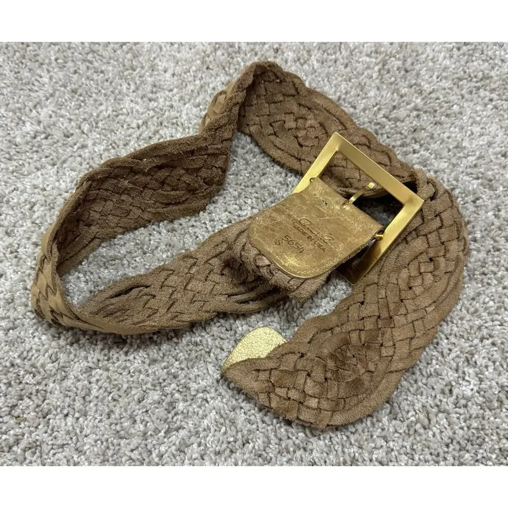 Caché Made in USA Braided Soft Leather Wide Statement Metallic Gold Belt Sz S